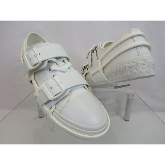 $790 BURBERRY LCS VERS WHITE CANVAS RUBBER STRAPS LOGO LOW TOP SNEAKERS 11 US 44 - Picture 2 of 14